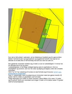 Situasjonsplan som viser bygningens plassering på tomten, grenser, og en veranda med mål. Teksten under forklarer krav til lys og utsyn i forhold til verandaen.