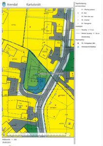 Kartutsnitt (situasjonsplan) som viser eiendomsgrenser, arealbruk, matrikkelnummer og bygningstetthet for et område i Arendal.