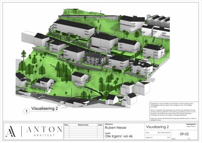 3D-visualisering av et boligfelt med terrengforhold og beplantning.