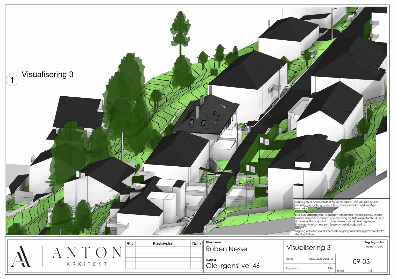 3D-visualisering av et boligfelt med hus, terreng og vegetasjon.