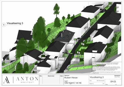 3D-visualisering av et boligfelt med hus, terreng og vegetasjon.