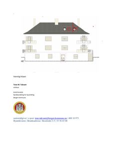 Fasadetegning av en bygning med oppriss av vinduer, dører og takkonstruksjon.