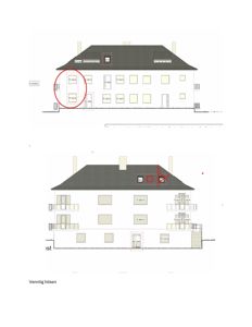 Bildet viser to fasadetegninger (opprikk) av en bygning sett fra utsiden. Tegningene illustrerer vinduer, dører, takform og balkonger.
