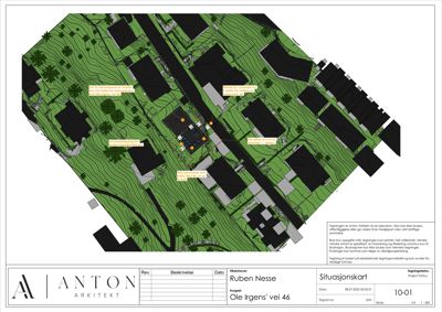 Situasjonsplan som viser tomtens form, høydeforskjeller (konturlinjer), plassering av bygninger, veier og vegetasjon.