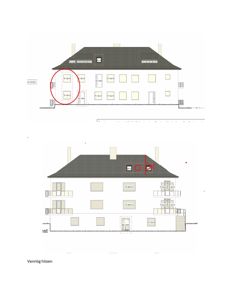 Bildet viser to fasadetegninger (opprikk) av en bygning sett fra fronten. De viser takform, vinduoppsett, dører og konstruksjonsdetaljer. Det er også tegnet inn røde sirkler og kryss som markerer spesifikke områder eller endringer.
