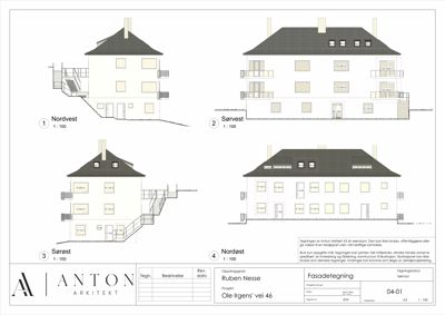 Fasadetegning som viser bygningens utseende fra fire ulike vinkler: Nordvest, Sørvest, Sørøst og Nordøst.