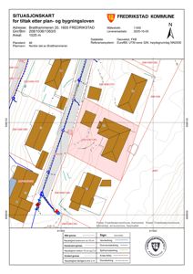 Situasjonskart for Bratthammeren 20 som viser tomtens beliggenhet, nabolag, vei og vannledninger.