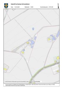Kartutsnitt fra Norkart AS som viser topografi, vegnett og bebyggelse i et område.