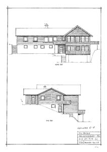 Fasadetegning som viser bygningens utseende fra to ulike vinkler (Nord-Øst og Syd-Øst).