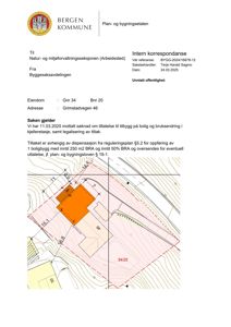 Situasjonsplan som viser eiendommen Gnr 34 Bnr 20 med eksisterende og planlagt bygning, samt regulering og dispensasjon.