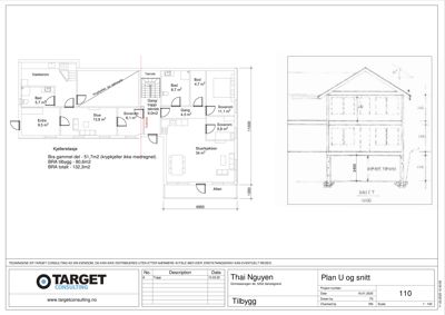 Plantegning av kjelleretasje med romfordeling, arealer og snittvisning av bygningens fasade.