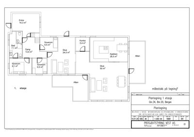 Plantegning av 1. etasje som viser romfordeling, arealer og plassering av dører og vinduer.