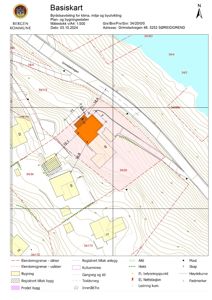 Basiskart fra Bergen kommune som viser eiendomsgrenser, høydekurver, bygninger og infrastruktur for Grimstadvegen 46.