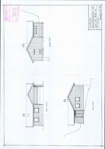 Fasadetegning som viser bygningens utsyn fra fire sider: Nord-Vest, Syd-Vest, Syd-Ost og en delvis visning av Nord-Ost.