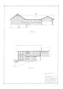 Fasadetegning som viser bygningens utseende fra sørvest og nordvest.
