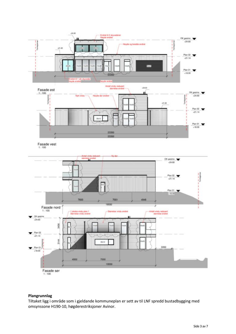 Bildet viser fasadetegninger for en bygning sett fra fire sider (øst, vest, nord og sør). Tegningene inkluderer mål, høyder og detaljer om vinduer og vegger.