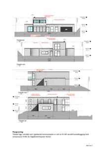 Bildet viser fasadetegninger for en bygning sett fra fire sider (øst, vest, nord og sør). Tegningene inkluderer mål, høyder og detaljer om vinduer og vegger.