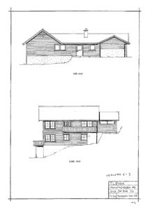 Fasadetegning som viser bygningens utseende fra to sider: 'SØR VEST' og 'NORD VEST'.