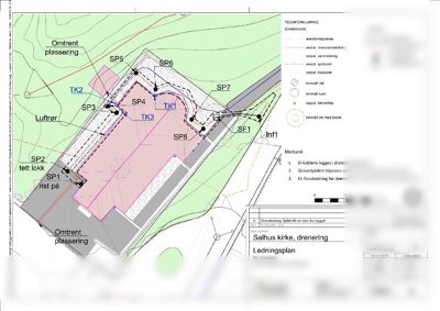 Situasjonsplan som viser plassering av en kirke (Salhus kirke) i forhold til omgivelsene, inkludert vann- og spillvannsledninger, eksisterende og nye anlegg, samt topografi og eiendomsgrenser.