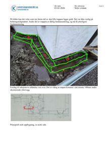 Fotografi av en utgravd grøft ved en bygning med grønne markeringer og tekstbeskrivelse om fundamentering.