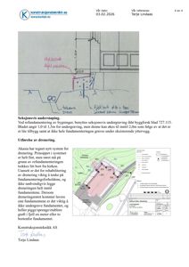Dokumentet viser en teknisk tegning med to hovedelementer: en detaljert snittegning av en underbygning (seksjonsvis understøping) og en situasjonsplan for en dreneringsløsning. Begge tegningene er støttet av teknisk tekst.