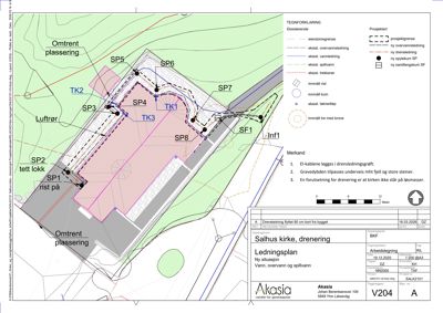 Situasjonsplan som viser plassering av en kirke (Salhus kirke) i forhold til omgivelsene, inkludert vann- og spillvannsledninger, eksisterende og nye anlegg, samt topografi og eiendomsgrenser.