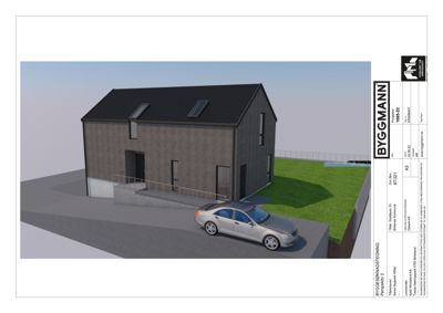 3D-visualisering av en planlagt bygning (hus) sett fra siden, med bil og omgivelser.