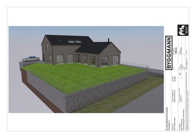 3D-visualisering av en planlagt bolig med omgivelser, inkludert bil og hekk.