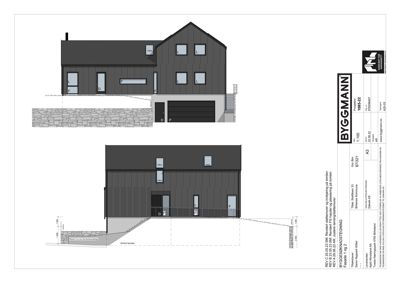 Fasadetegning som viser bygningens utseende fra front og side, inkludert vinduer, dører, takform og materialvalg.