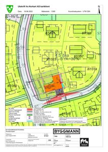 Situasjonsplan som viser tomtens beliggenhet, nabotomter, veier, og planlagt byggefelt med detaljer om areal og høydebegrensninger.