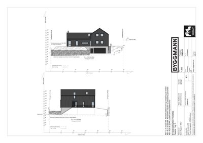 Fasadetegning som viser bygningens utseende fra front og side, inkludert detaljer om fasadematerialer, vinduer og terrassering.