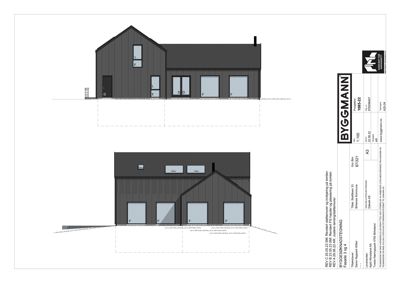 Fasadetegning som viser bygningens utseende fra to ulike vinkler (sannsynligvis front og side).