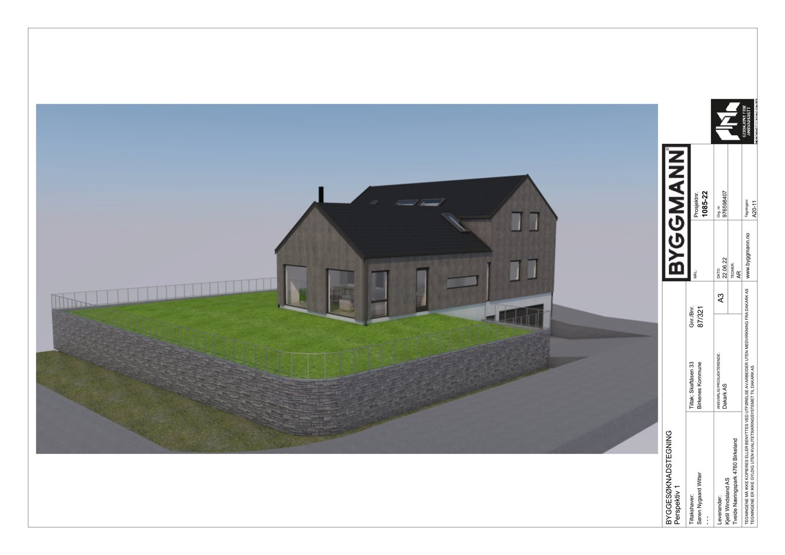 3D-visualisering av en planlagt bolig med fasade, hekk og omgivelser.