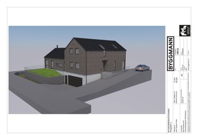 3D-visualisering av en planlagt bygning (hus) med omgivelser, inkludert bil og terreng.