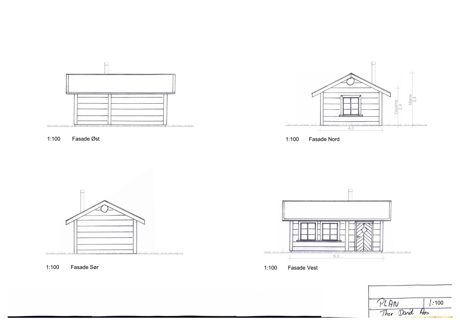 Fasadetegninger for en bygning, vist fra fire sider (Øst, Nord, Sør, Vest) med mål og detaljer.