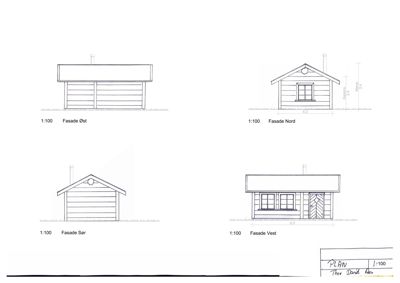 Fasadetegninger for en bygning, vist fra fire sider (Øst, Nord, Sør, Vest) med mål og detaljer.