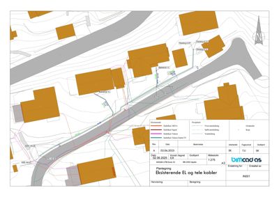 Situasjonsplan som viser eksisterende EL og tele kabler i forhold til bygninger, veier og terreng.