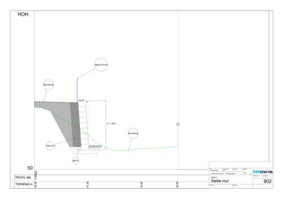 Snittegning (HOH) som viser en støttemur, terrengforhold og konstruksjonsdetaljer.