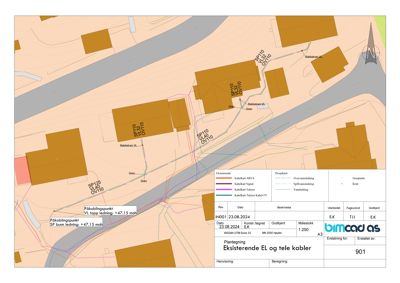 Situasjonsplan som viser eksisterende el- og telekabler i forhold til bygninger, veier (Bakkeveien) og vannløp.