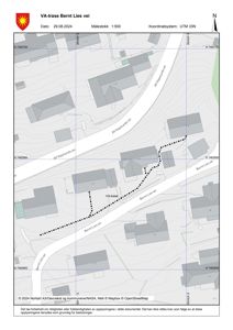 Kart over VA-trase (vann og avløp) i et boligområde med vei, hus og høydeforhold.