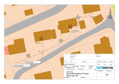 Oversiktstegning (situasjonsplan) som viser VA-plan for et område med flere bygninger, veier og ledningsnett.