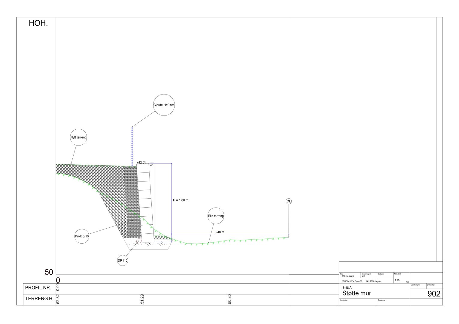 Snittegning (HOH) som viser detaljer for en støttemur, inkludert høyder, terrengforhold og konstruksjonsdetaljer.