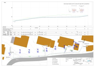 Tegning som viser et tverrsnitt (profil) av en VA-trase med høydemålinger, samt detaljerte konstruksjonsdata for røret og tilhørende ledninger.