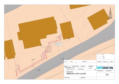 En oversiktsplan (oversikt) som viser detaljerte tegninger av et støttemur-prosjekt, inkludert trapper og vegger.