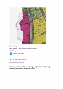 Et reguleringskart som viser eiendomsgrenser (grønn og gul), en planlagt inntekning (rød sirkel) og en vei (Porsgrunnveien).
