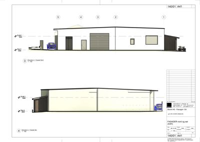 Fasadetegning som viser bygningens utseende sett fra nord og sør.