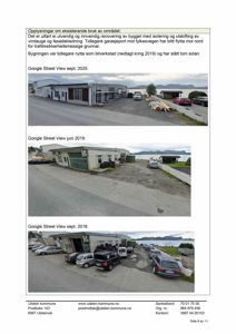 Tre bilde fra Google Street View som viser et eksisterende bygg og området rundt det i ulike år (2018, 2019, 2025).