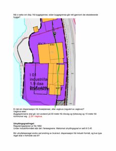 Et kart som viser eiendomsgrenser, veggrenser og utnyttelsesregler for et industriområde.
