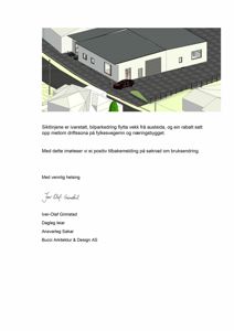 Fotografi av en 3D-modell eller visualisering av et næringsbygg med omgivende infrastruktur, inkludert bilparkeringsplass og rabatt.