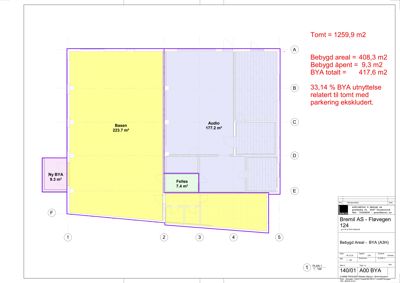 Etasjeplan (BYA) som viser romfordeling, arealer og plassering av bygninger på tomten.